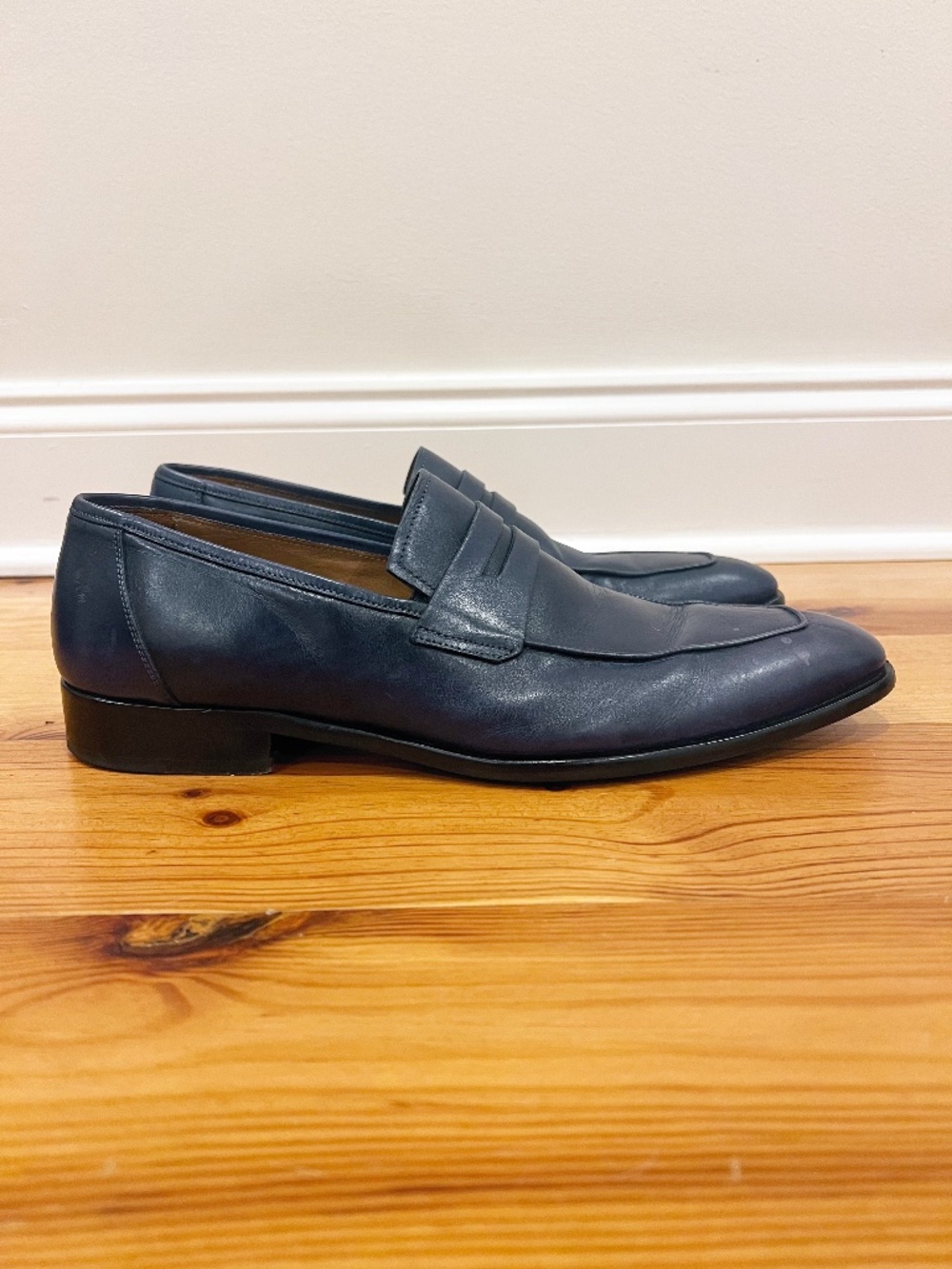 Mezlan Calfskin Penny Loafer Mens 10.5 Navy Hand Burnished European Spain Made